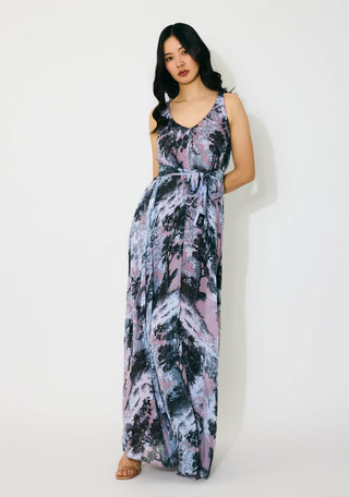 Pink, gray and white toile print long dress