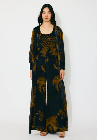Black and gold floral wrap jumpsuit