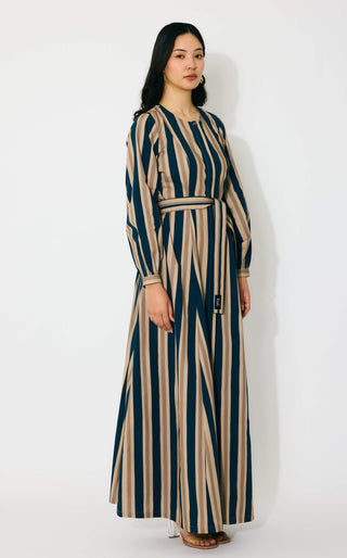 Dark blue, beige and cream stripe shirt dress