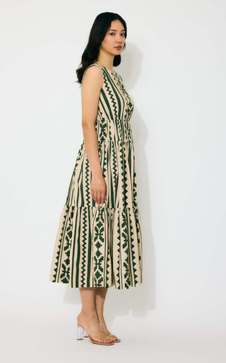 Cream and green pattern sleeveless midi dress
