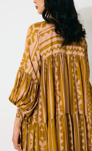 Mustard and peach pattern midi dress