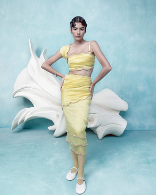 Canary Yellow Organza Sari With Unstitched Blouse by Ekaya available on Indiaspopup.com