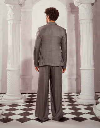 Gray Print Silk Satin Tieup Blazer And Pant by Nikita Mhaisalkar Men available on Indiaspopup.com