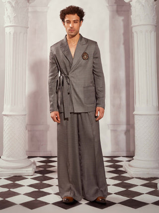 Gray Print Silk Satin Tieup Blazer And Pant by Nikita Mhaisalkar Men available on Indiaspopup.com