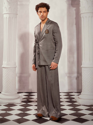 Gray Print Silk Satin Tieup Blazer And Pant by Nikita Mhaisalkar Men available on Indiaspopup.com