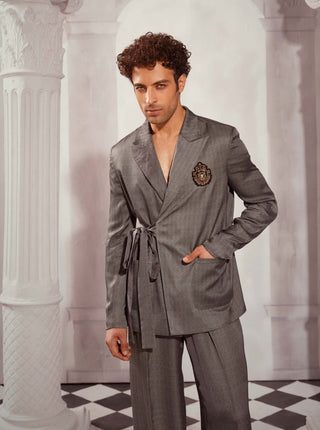 Gray Print Silk Satin Tieup Blazer And Pant by Nikita Mhaisalkar Men available on Indiaspopup.com