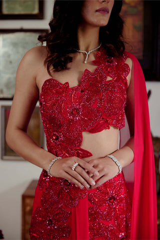 Elara Red Sari And Blouse by Moledro available on Indiaspopup