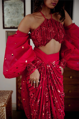 Saavi Red Sari Set by Moledro available on Indiaspopup