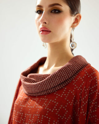 Rajdeep Ranawat-Lavanya Rust Silk Draped Tunic-INDIASPOPUP.COM