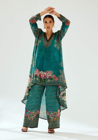 Rajdeep Ranawat-Aarvi Teal Silk Tunic-INDIASPOPUP.COM