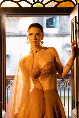 Beige Embroidered Tulle Skirt Set by The Little Black Bow available on Indiaspopup