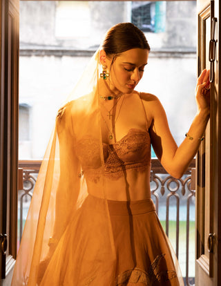 Beige Embroidered Tulle Skirt Set by The Little Black Bow available on Indiaspopup