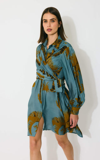 Sky blue and mustard floral wrap shirt dress