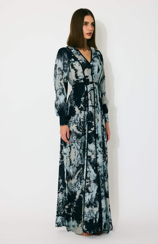 Blue and black toile print dress