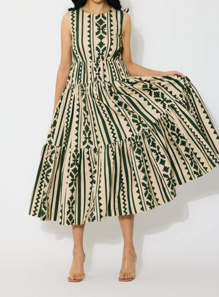Cream and green pattern sleeveless midi dress