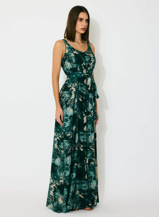 Dark green, mint and beige toil print sleeveless dress