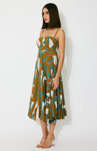 Green, brown and cream pattern midi dress