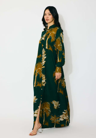 Dark green and mustard floral long shirt dress