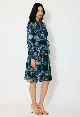 Blue, indigo and beige toile print shirt dress