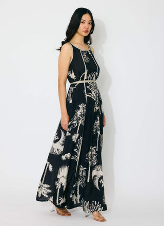 Black and beige floral sleeveless long dress