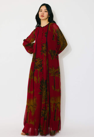 Red, mustard and black floral long shirt dress