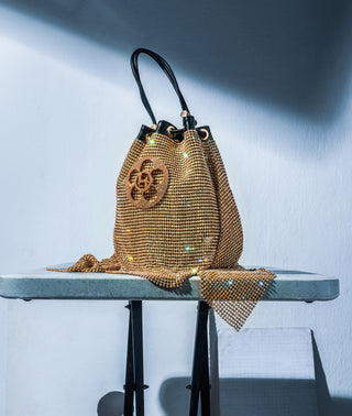 Outhouse Gold Poppi Crystal Bucket Bag available on indiaspopup