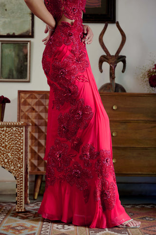 Elara Red Sari And Blouse by Moledro available on Indiaspopup