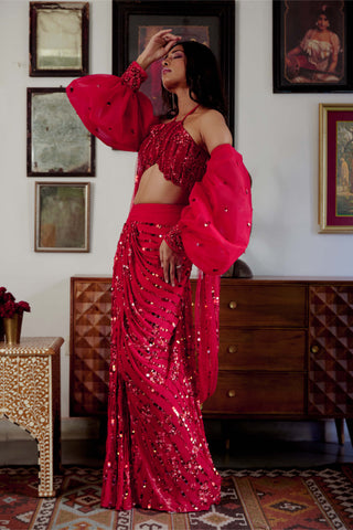 Saavi Red Sari Set by Moledro available on Indiaspopup