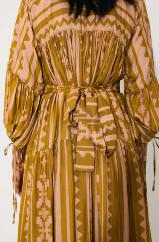 Mustard and peach pattern midi dress