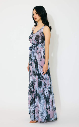 Pink, gray and white toile print long dress