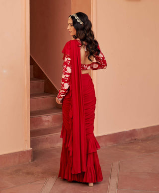 Chhavvi Aggarwal-Red Draped Sari And Blouse-INDIASPOPUP.COM