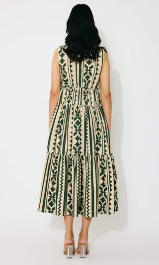 Cream and green pattern sleeveless midi dress
