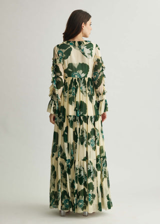 Beige And Green Floral Frill Dress by Koai available on Indiaspopup