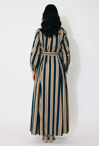 Dark blue, beige and cream stripe shirt dress
