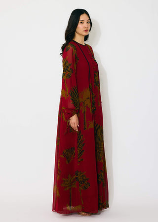 Red, mustard and black floral long shirt dress