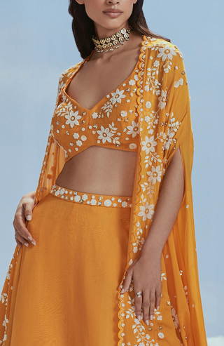 Nachiket Barve-Mango Babylon Cape Lehenga Set-INDIASPOPUP.COM
