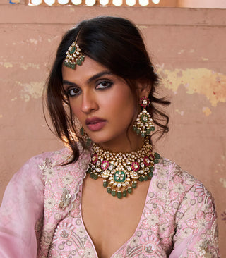 Niharika red and green polki necklace set