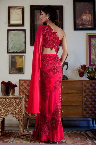Elara Red Sari And Blouse by Moledro available on Indiaspopup