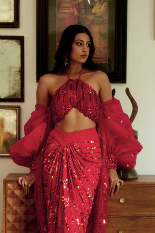Saavi Red Sari Set by Moledro available on Indiaspopup