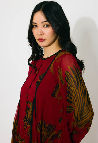 Red, mustard and black floral long shirt dress