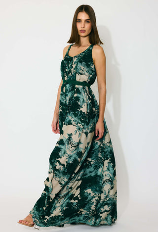 Dark green, mint and beige toil print sleeveless dress