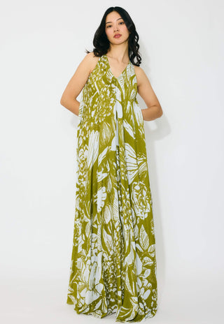 Leaf green and white floral sleeveless long dress