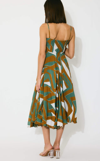 Green, brown and cream pattern midi dress