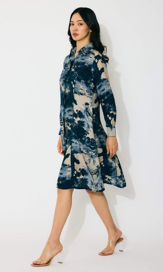 Blue, indigo and beige toile print shirt dress