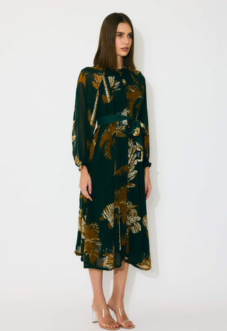 Dark green and mustard floral midi dress