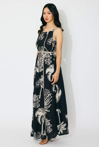 Black and beige floral sleeveless long dress