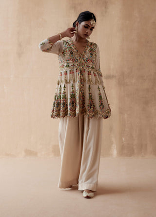 Aman Takyar-Ivory Floral Embroidery Sharara And Peplum-INDIASPOPUP.COM