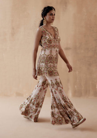 Aman Takyar-Beige Floral Embroidery Kurta And Sharara-INDIASPOPUP.COM