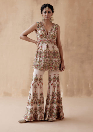 Aman Takyar-Beige Floral Embroidery Kurta And Sharara-INDIASPOPUP.COM