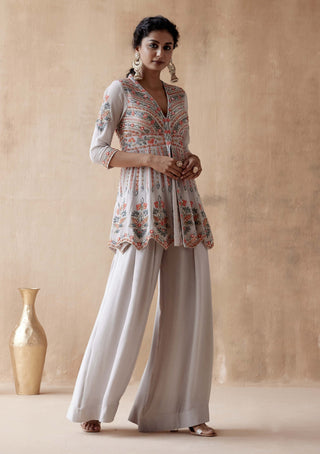 Aman Takyar-Gray Floral Embroidery Kurta And Sharara-INDIASPOPUP.COM